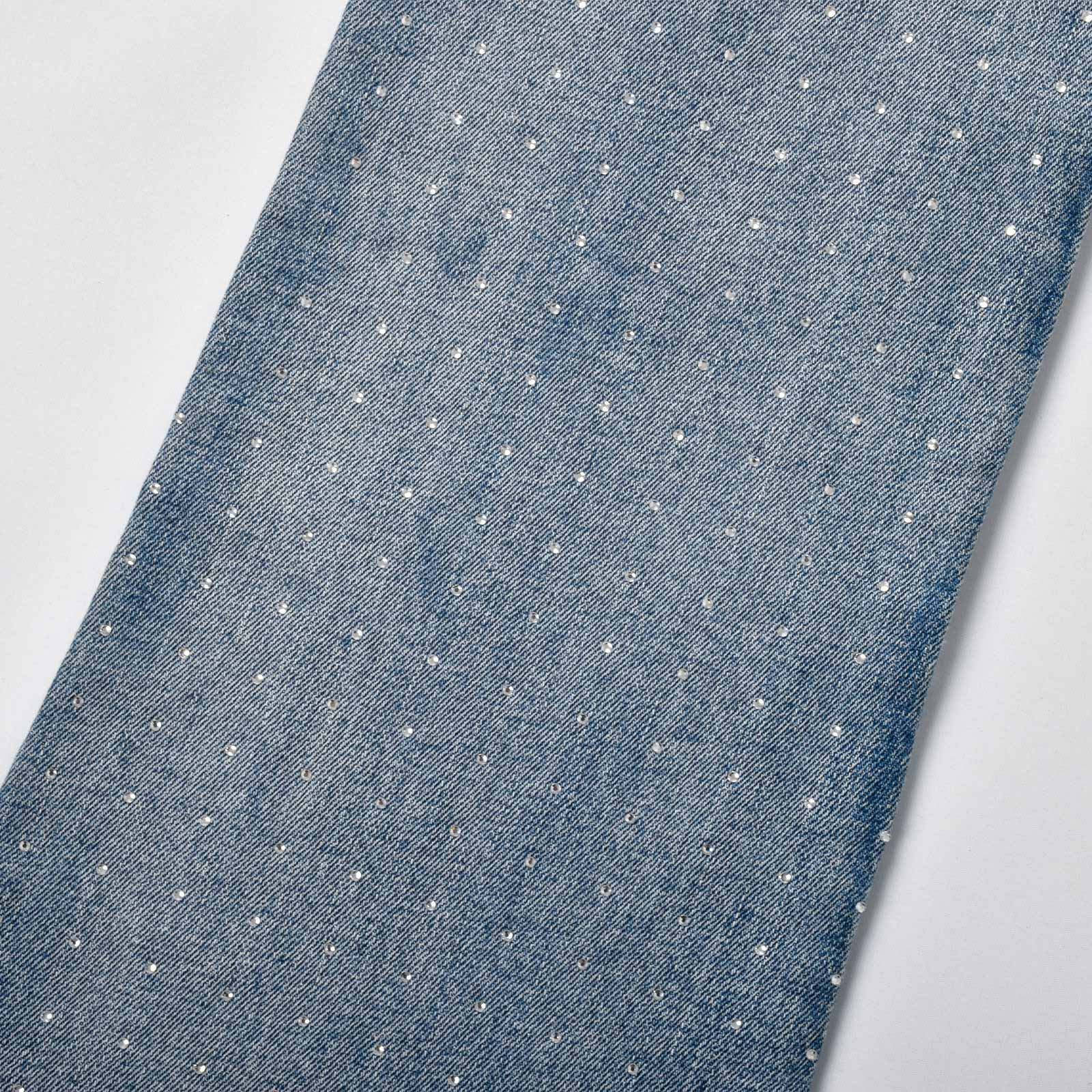 Custom Men's Blue Flared Rhinestone Raw Hem Jeans