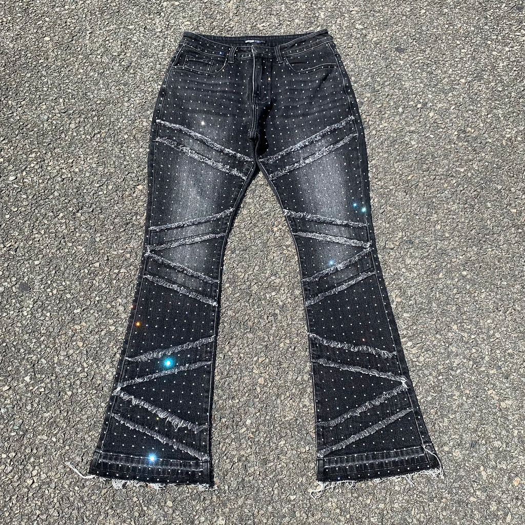 Custom Men's Black Flared Rhinestone Raw Hem Jeans