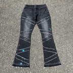 Custom Men's Black Flared Rhinestone Raw Hem Jeans