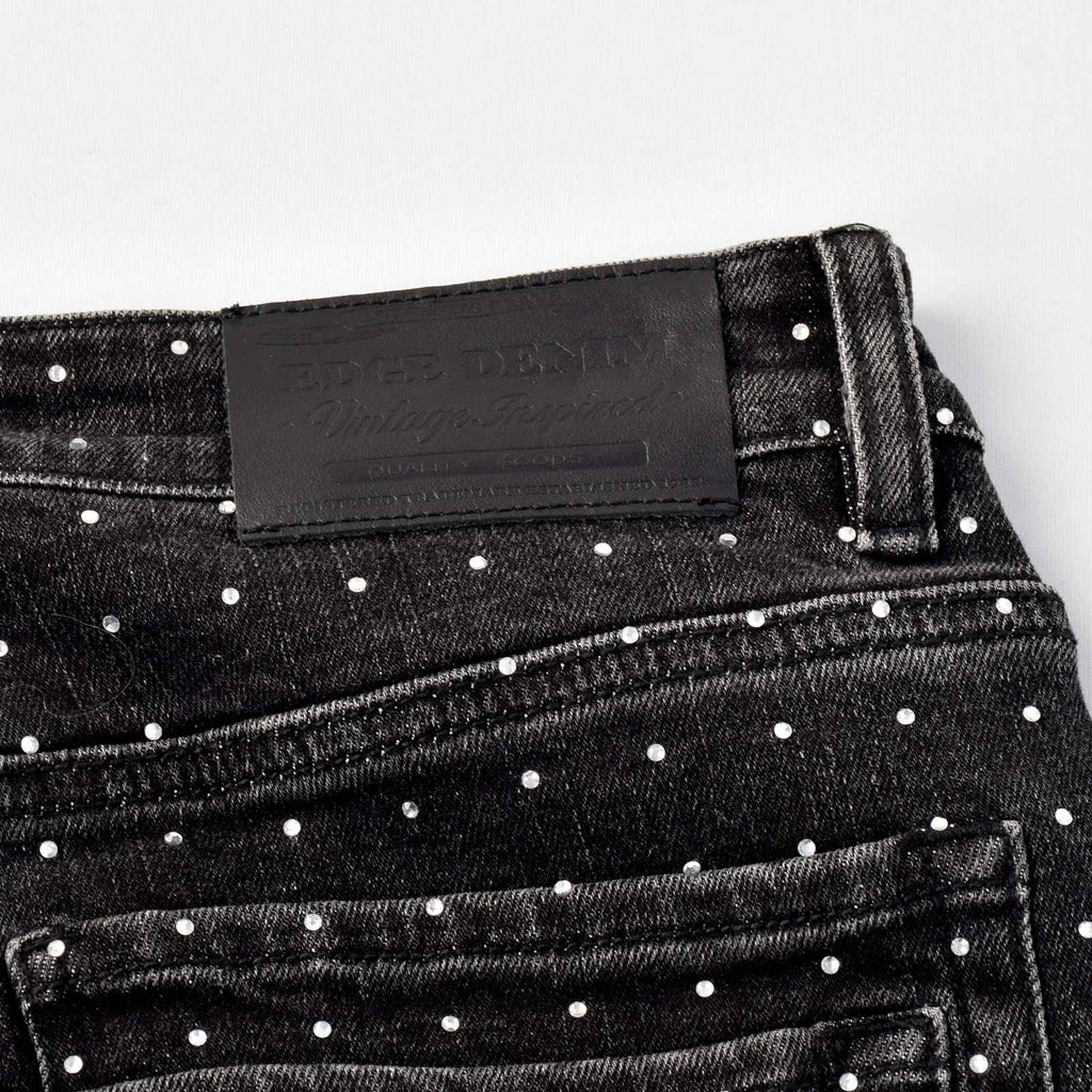 Custom Men's Black Flared Rhinestone Raw Hem Jeans