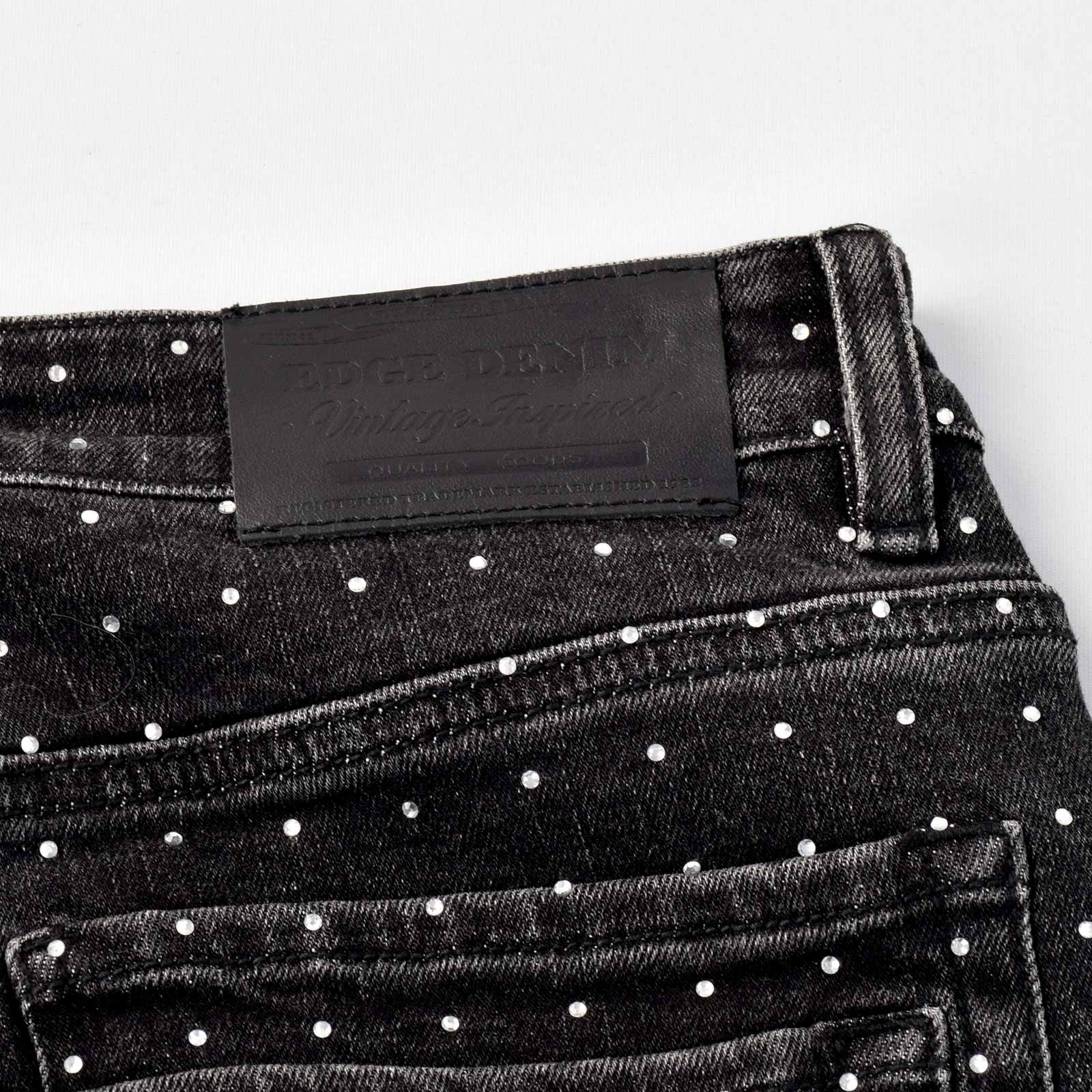 Custom Men's Black Flared Rhinestone Raw Hem Jeans