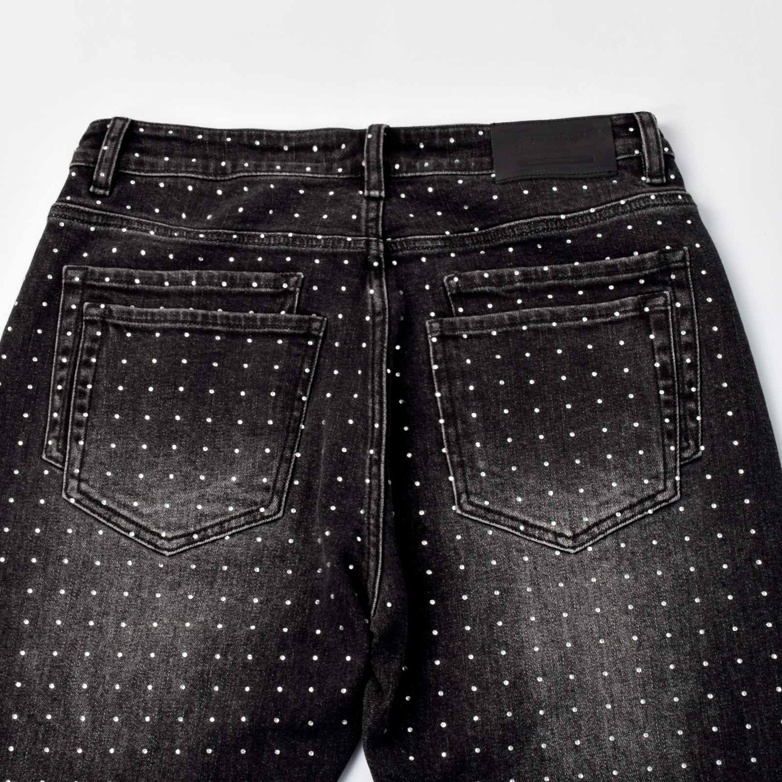 Custom Men's Black Flared Rhinestone Raw Hem Jeans