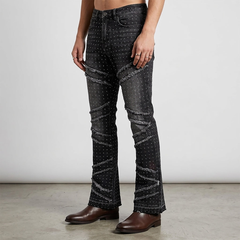 Custom Men's Black Flared Rhinestone Raw Hem Jeans