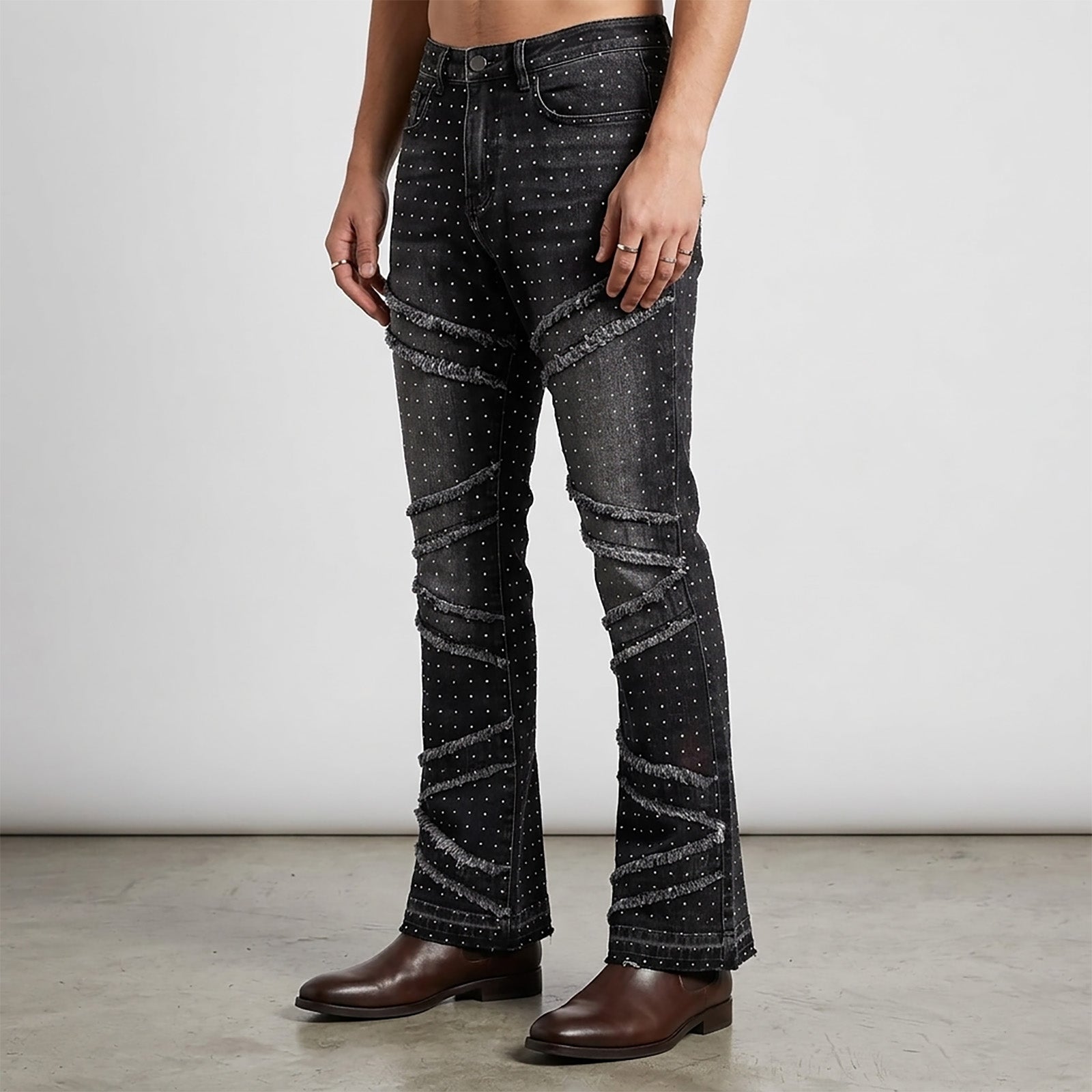 Custom Men's Black Flared Rhinestone Raw Hem Jeans