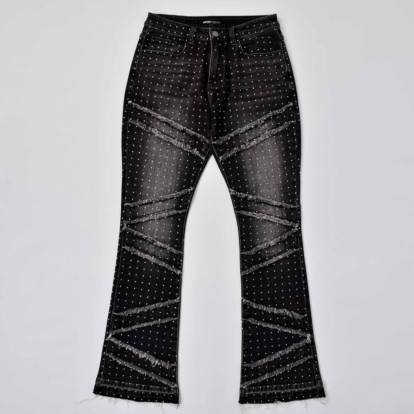 Custom Men's Black Flared Rhinestone Raw Hem Jeans