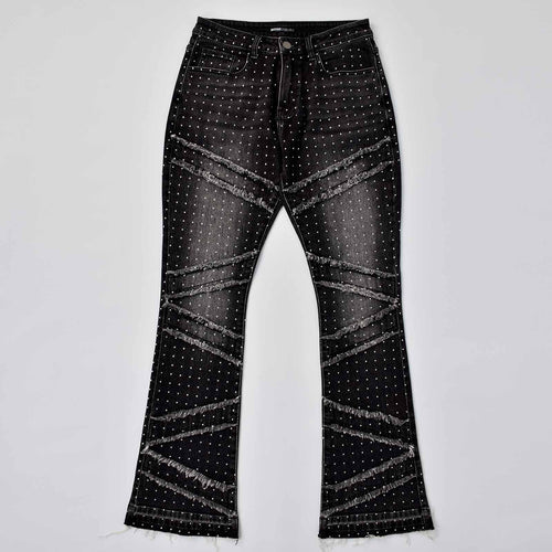 Custom Men's Black Flared Rhinestone Raw Hem Jeans