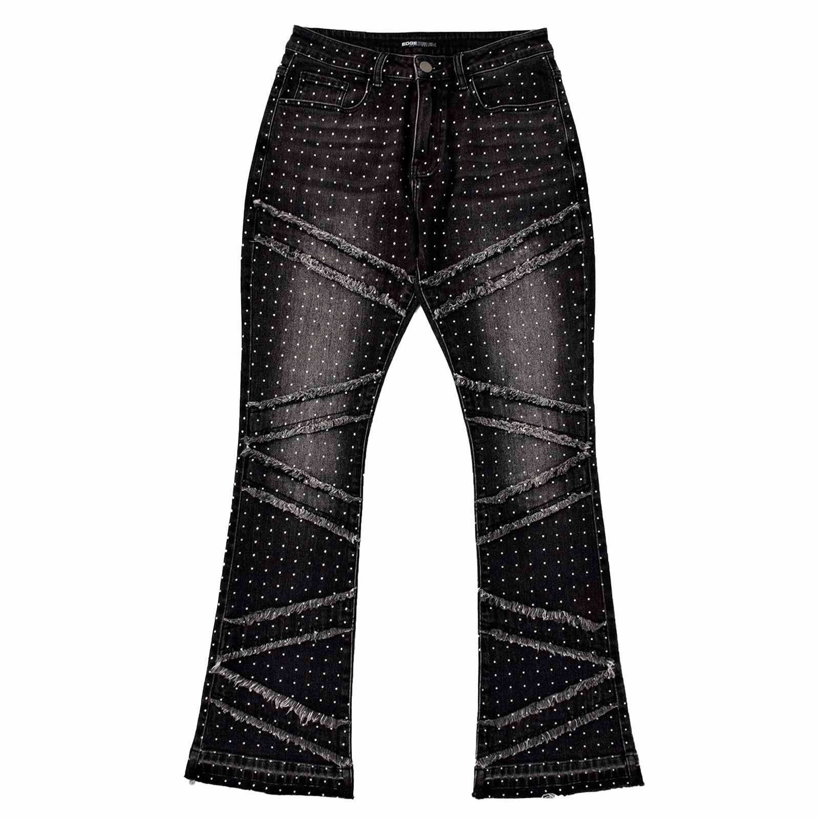 Custom Men's Black Flared Rhinestone Raw Hem Jeans