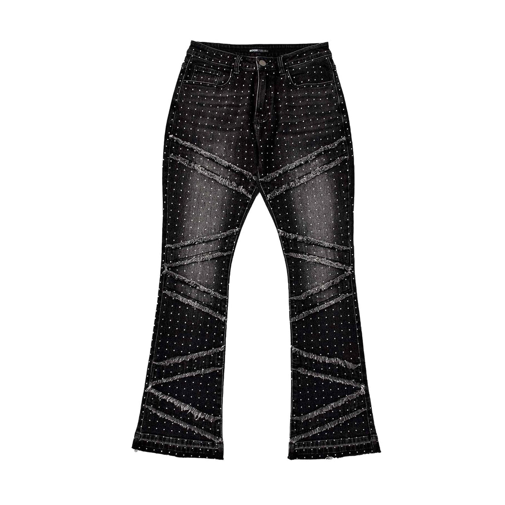 Custom Men's Black Flared Rhinestone Raw Hem Jeans