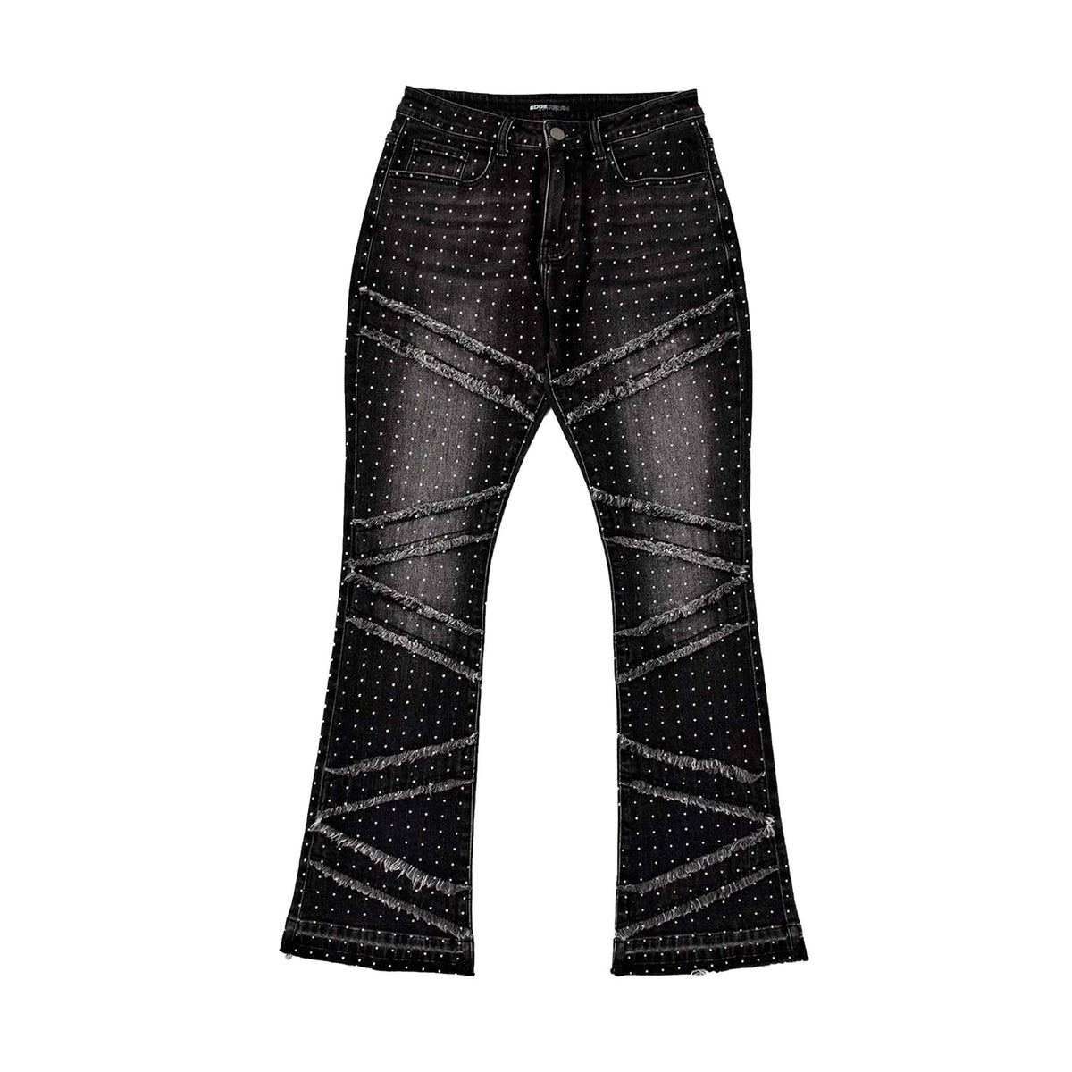 Custom Men's Black Flared Rhinestone Raw Hem Jeans