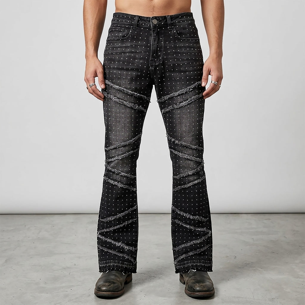 Custom Men's Black Flared Rhinestone Raw Hem Jeans