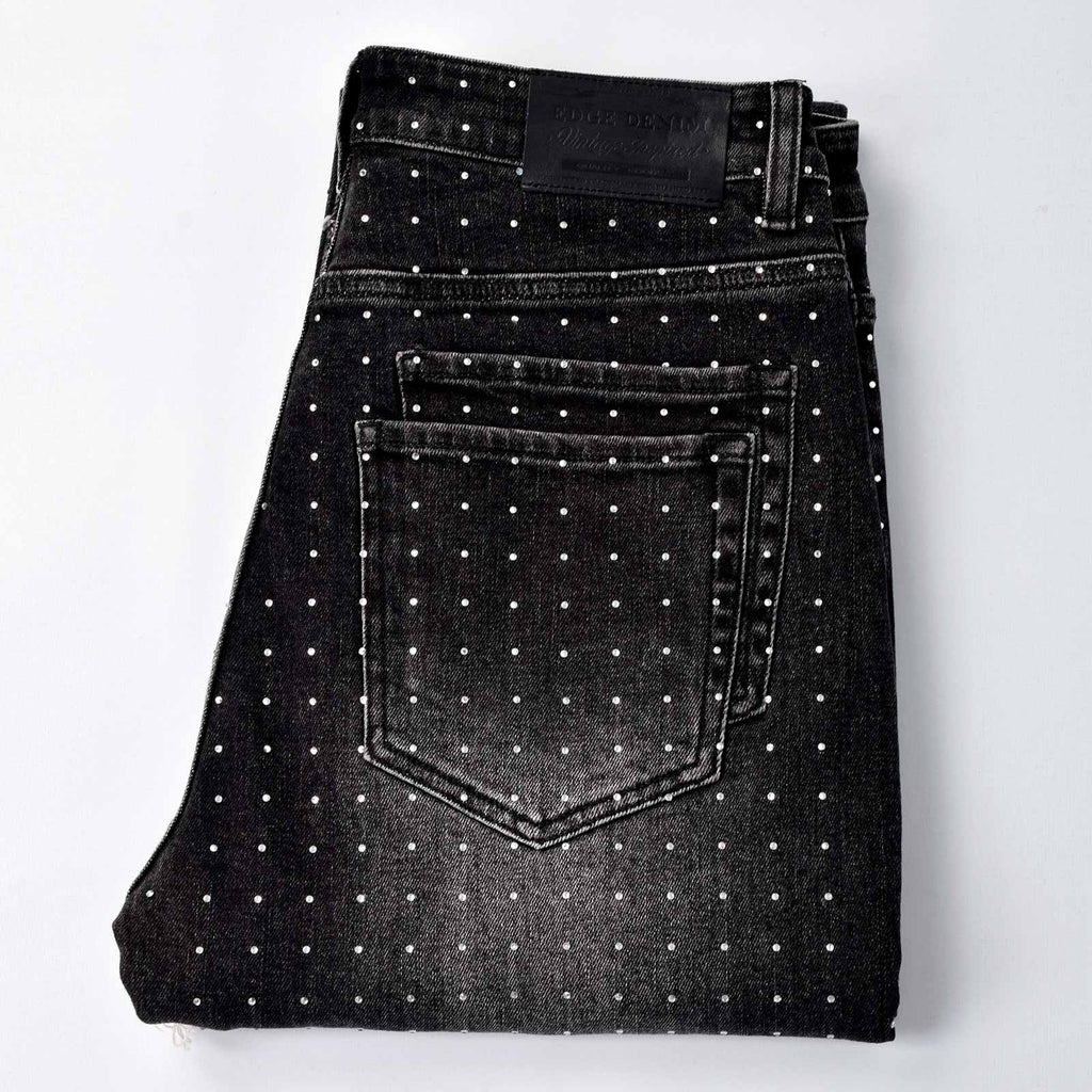 Custom Men's Black Flared Rhinestone Raw Hem Jeans