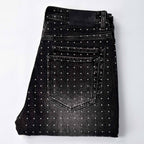Custom Men's Black Flared Rhinestone Raw Hem Jeans