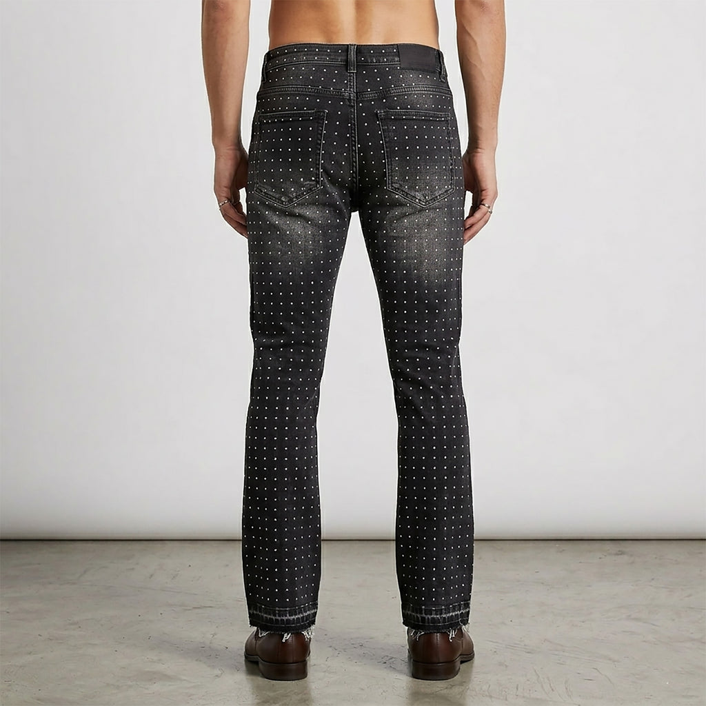 Custom Men's Black Flared Rhinestone Raw Hem Jeans
