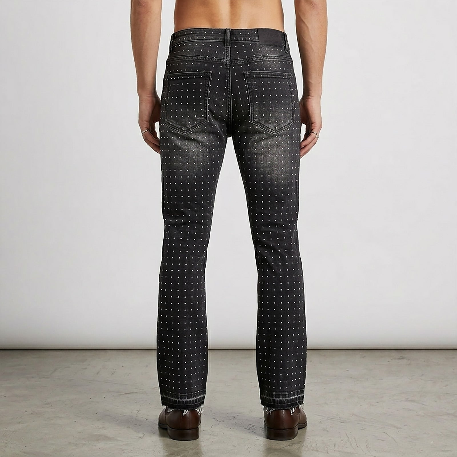 Custom Men's Black Flared Rhinestone Raw Hem Jeans