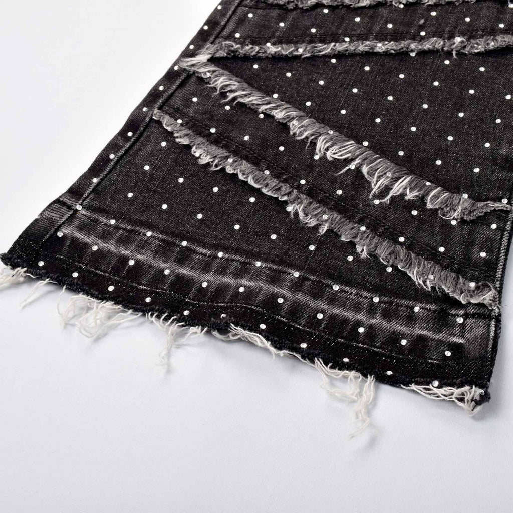 Custom Men's Black Flared Rhinestone Raw Hem Jeans