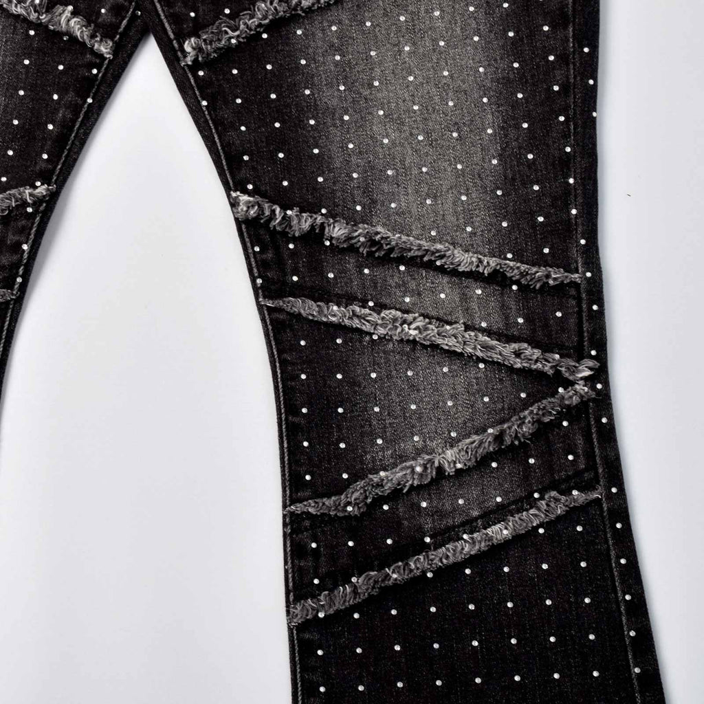 Custom Men's Black Flared Rhinestone Raw Hem Jeans