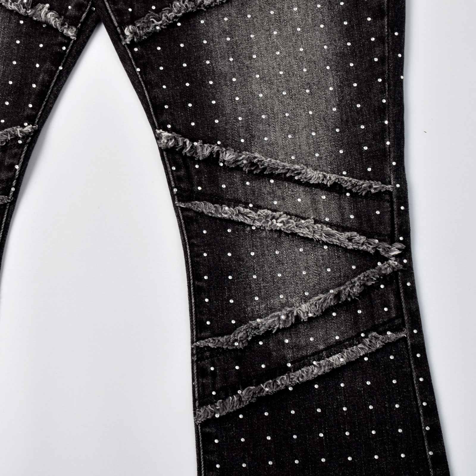 Custom Men's Black Flared Rhinestone Raw Hem Jeans