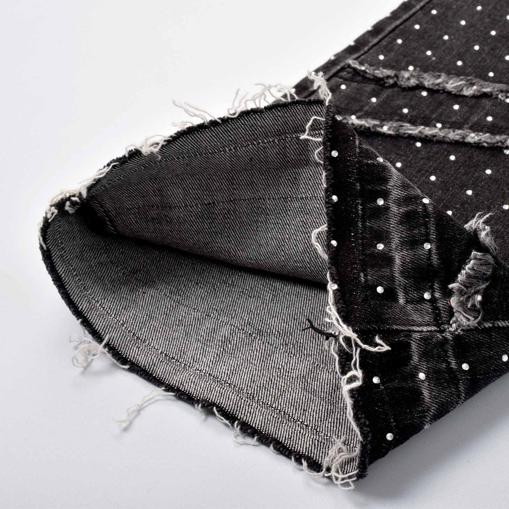 Custom Men's Black Flared Rhinestone Raw Hem Jeans