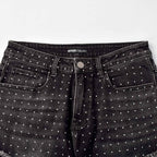 Custom Men's Black Flared Rhinestone Raw Hem Jeans