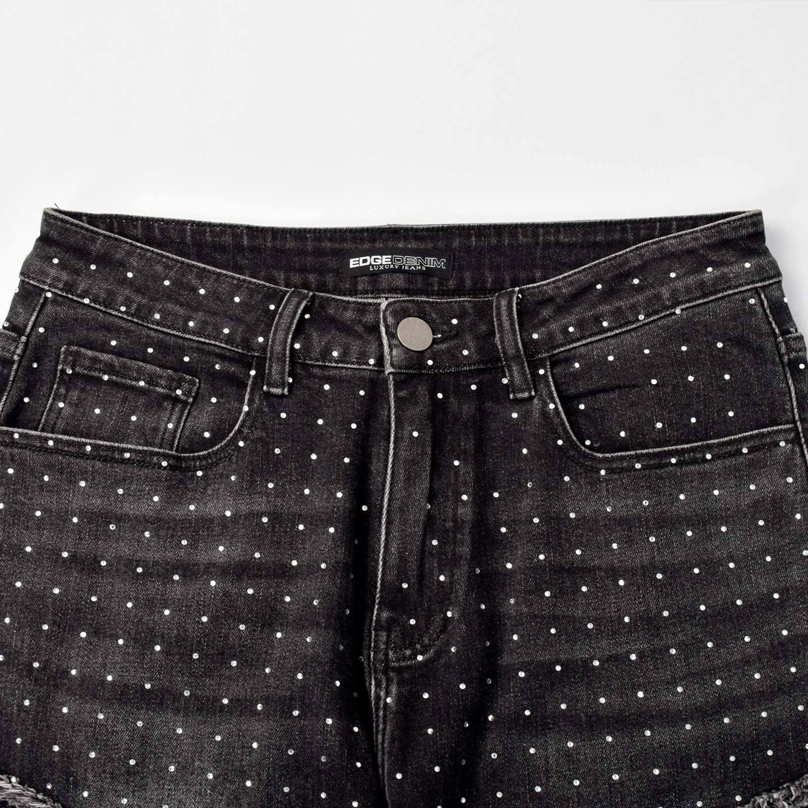 Custom Men's Black Flared Rhinestone Raw Hem Jeans