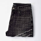 Custom Men's Black Flared Rhinestone Raw Hem Jeans