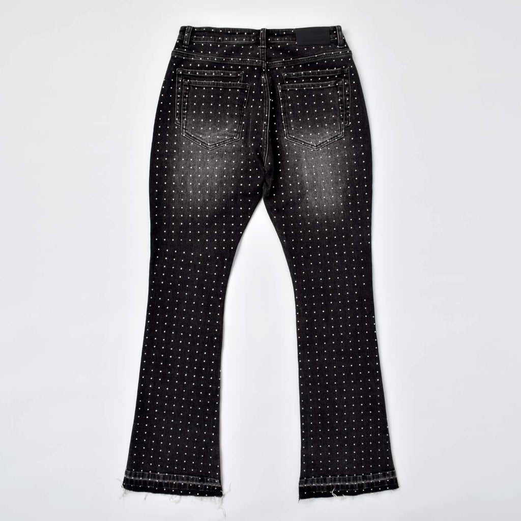 Custom Men's Black Flared Rhinestone Raw Hem Jeans