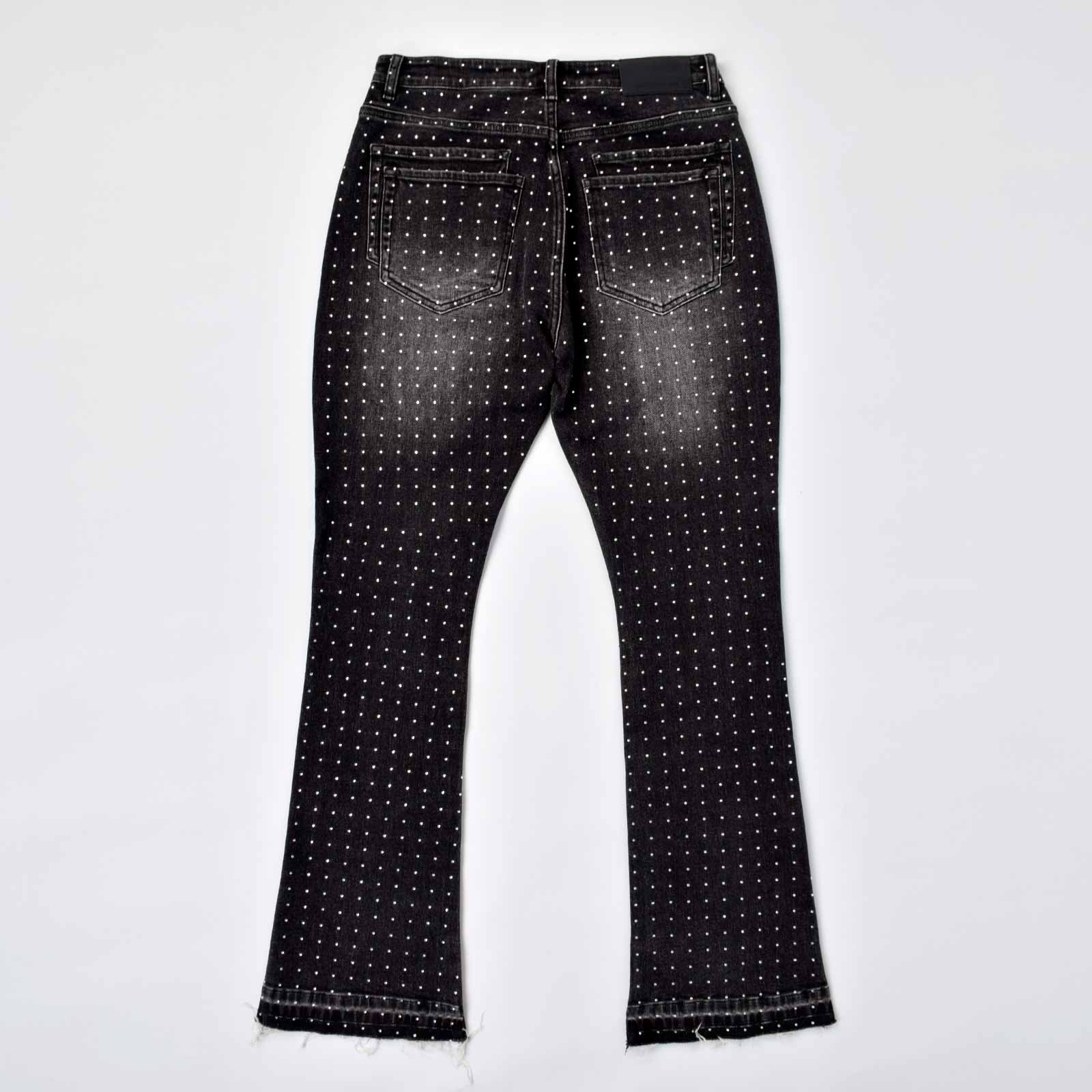 Custom Men's Black Flared Rhinestone Raw Hem Jeans