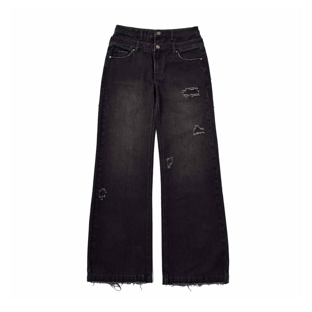 Custom Men's Black Double Layer Double Pocket Baggy Jeans