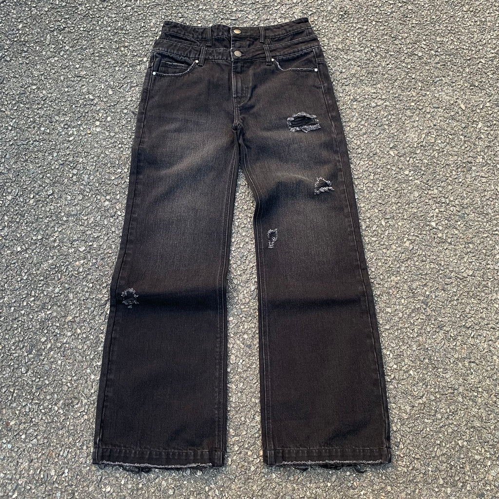 Custom Men's Black Double Layer Double Pocket Baggy Jeans