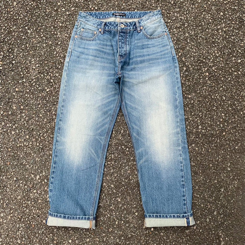 Custom Men's Blue Tapered Selvedge Denim Jeans With Washed
