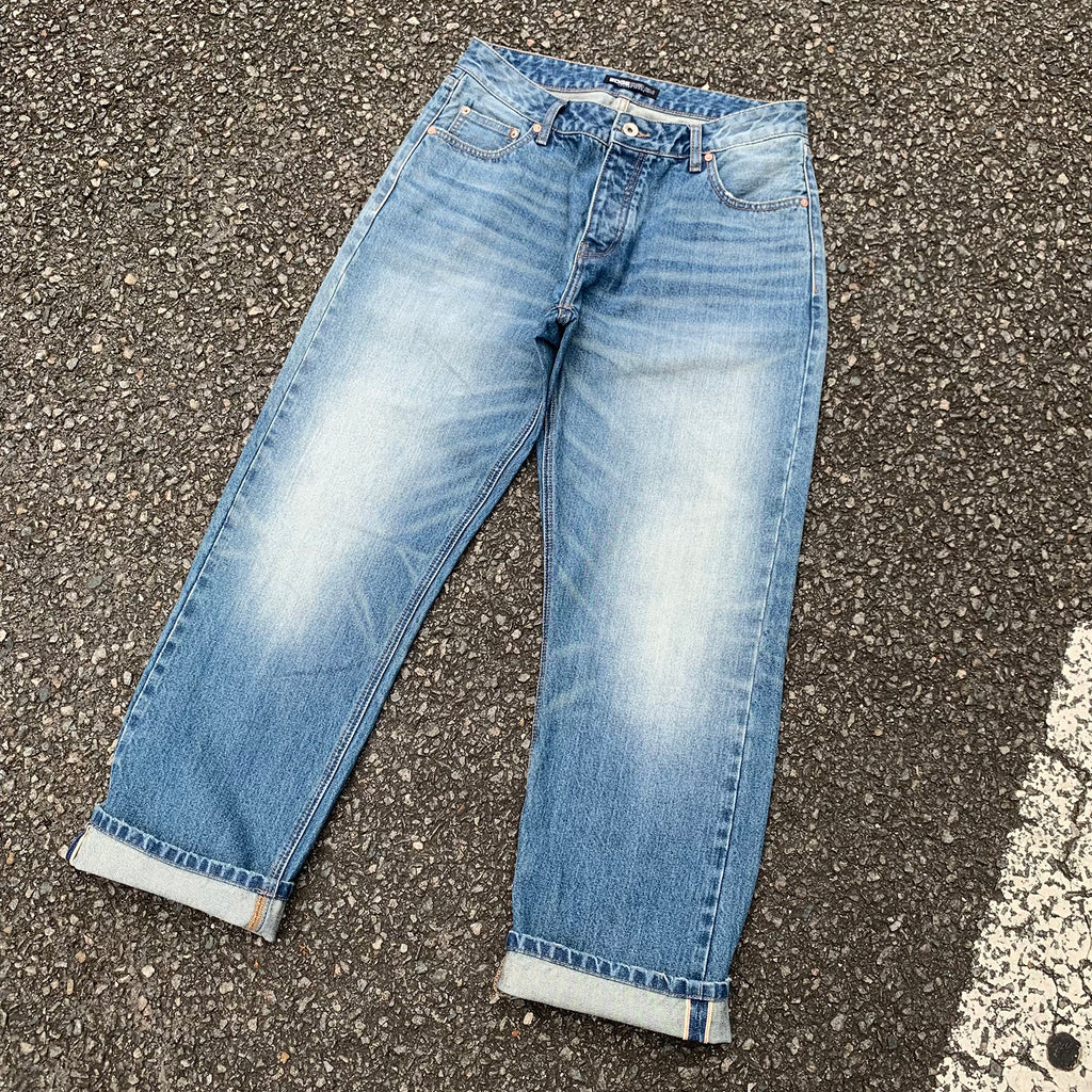 Custom Men's Blue Tapered Selvedge Denim Jeans With Washed
