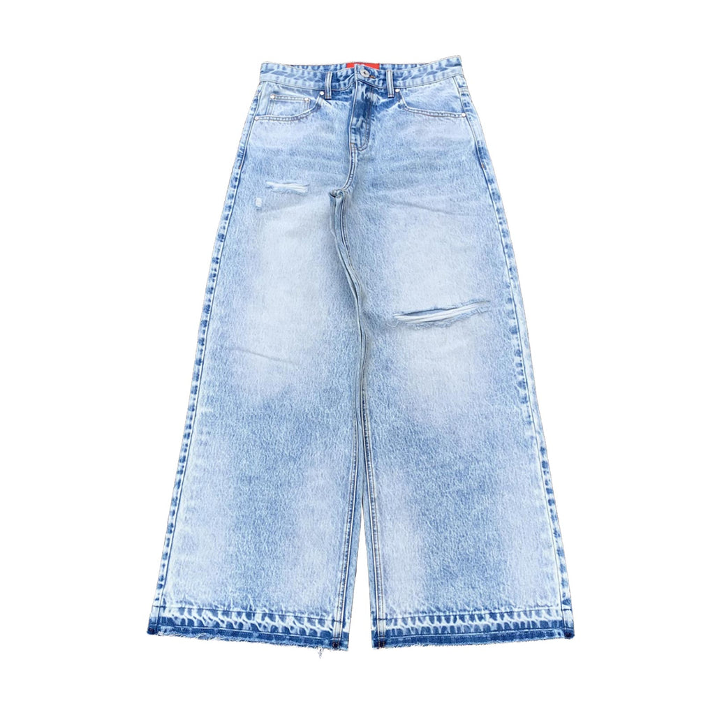 Custom Men's Blue Baggy Straight Washed Raw Hem Jeans