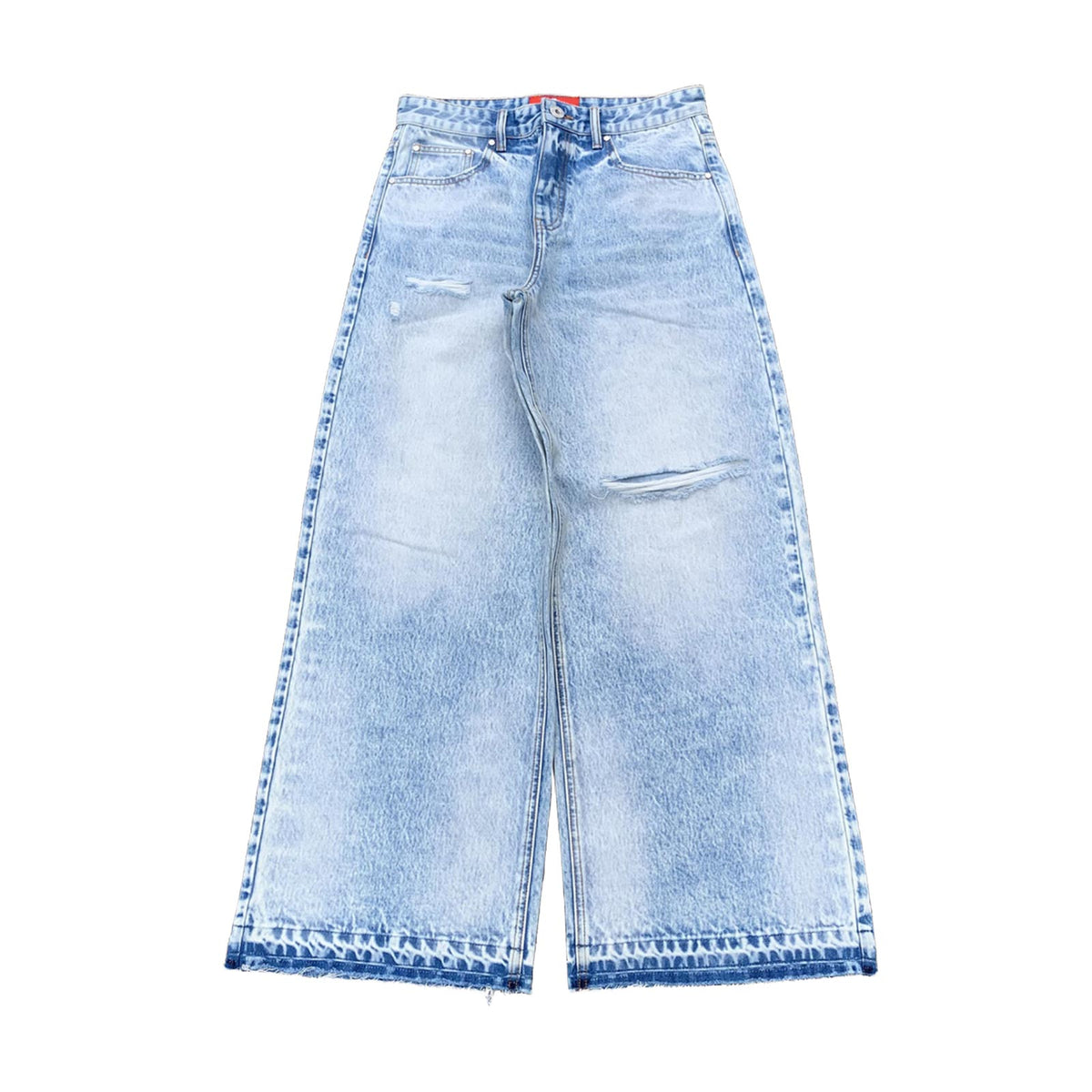 Custom Men's Blue Baggy Straight Washed Raw Hem Jeans