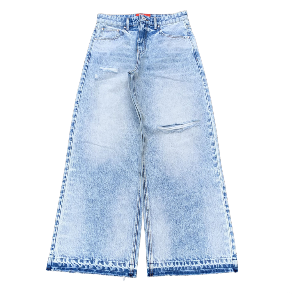Custom Men's Blue Baggy Straight Washed Raw Hem Jeans