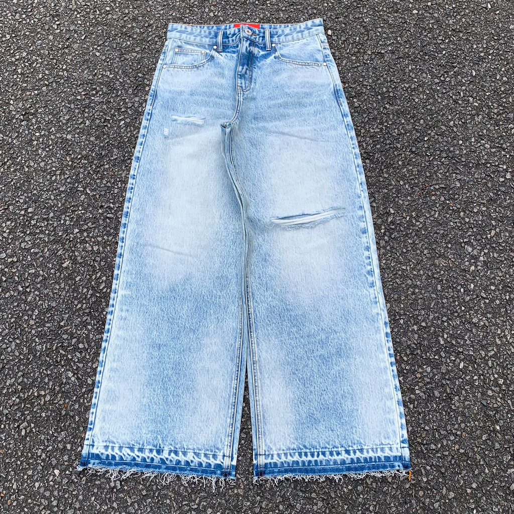 Custom Men's Blue Baggy Straight Washed Raw Hem Jeans