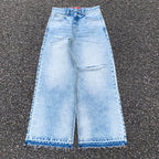 Custom Men's Blue Baggy Straight Washed Raw Hem Jeans