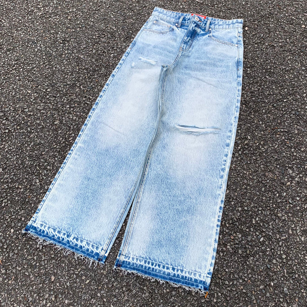 Custom Men's Blue Baggy Straight Washed Raw Hem Jeans