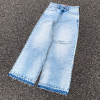 Custom Men's Blue Baggy Straight Washed Raw Hem Jeans