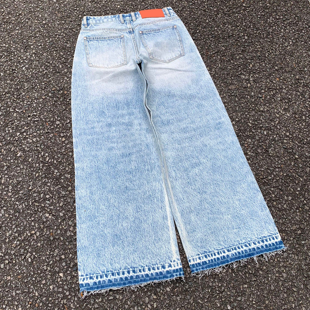 Custom Men's Blue Baggy Straight Washed Raw Hem Jeans