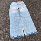 Custom Men's Blue Baggy Straight Washed Raw Hem Jeans