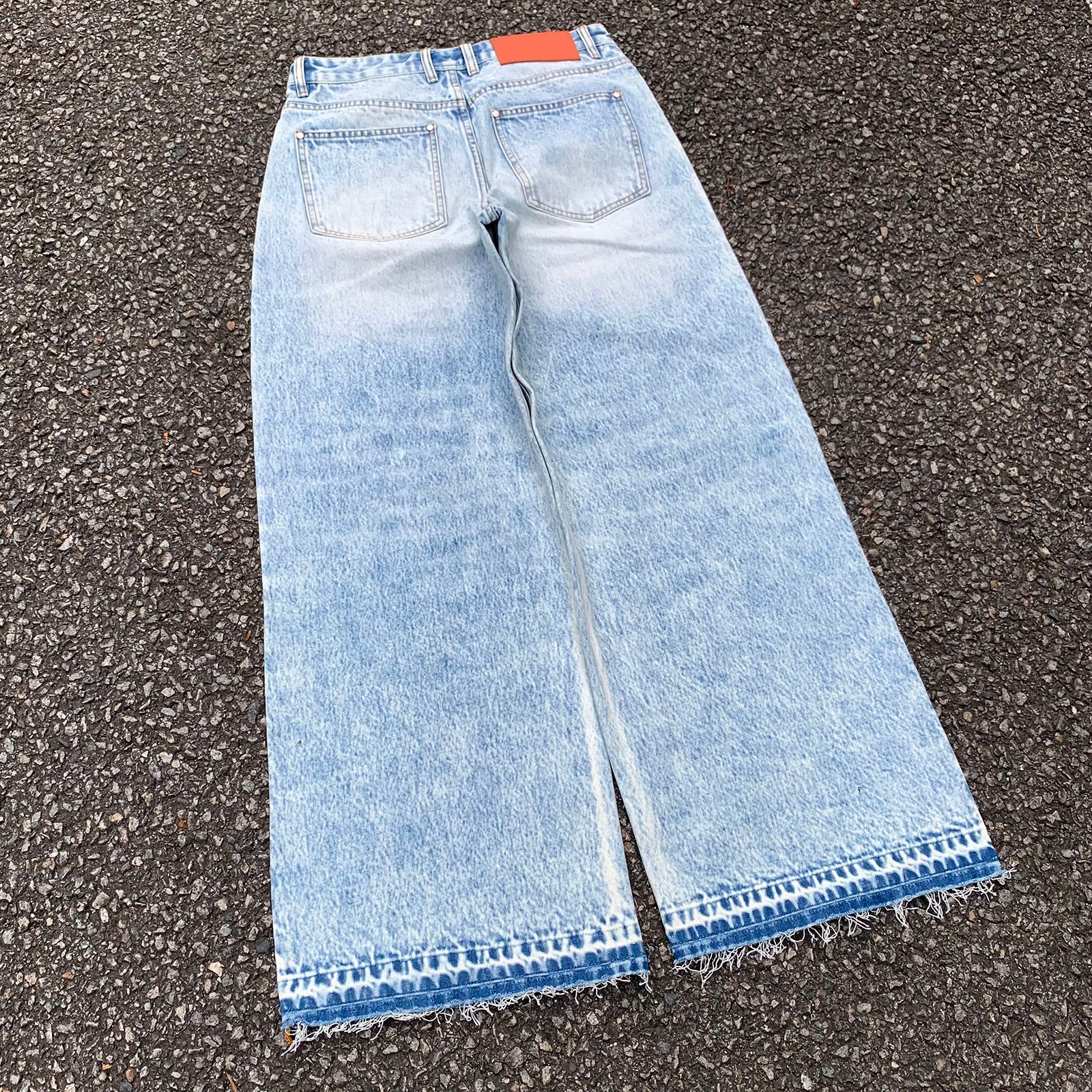 Custom Men's Blue Baggy Straight Washed Raw Hem Jeans
