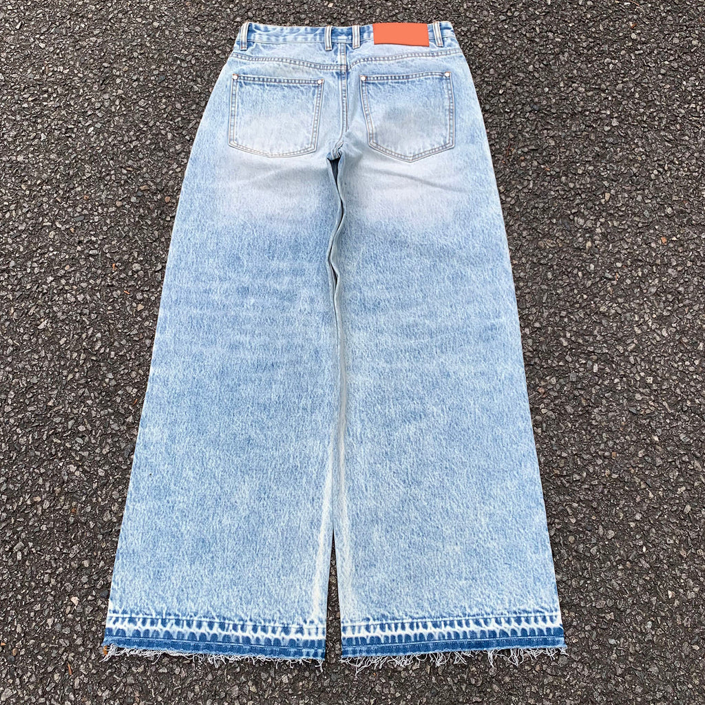 Custom Men's Blue Baggy Straight Washed Raw Hem Jeans