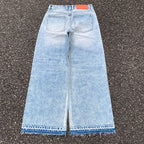 Custom Men's Blue Baggy Straight Washed Raw Hem Jeans
