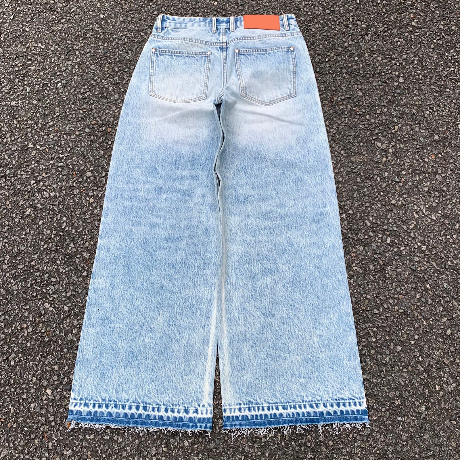 Custom Men's Blue Baggy Straight Washed Raw Hem Jeans