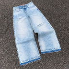 Custom Men's Blue Baggy Straight Washed Raw Hem Jeans