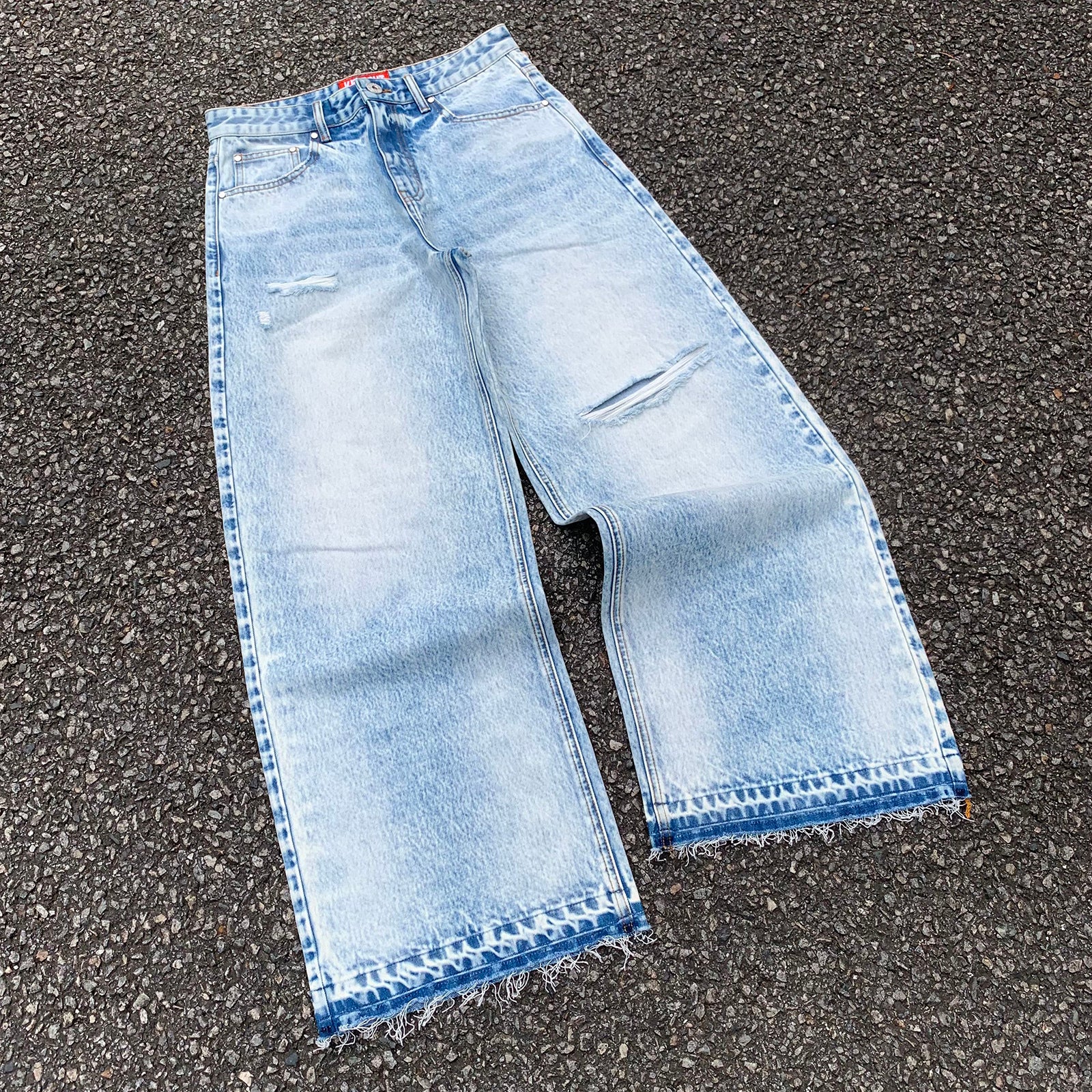 Custom Men's Blue Baggy Straight Washed Raw Hem Jeans