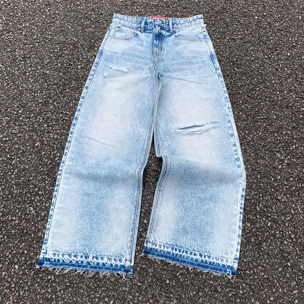 Custom Men's Blue Baggy Straight Washed Raw Hem Jeans