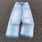 Custom Men's Blue Baggy Straight Washed Raw Hem Jeans