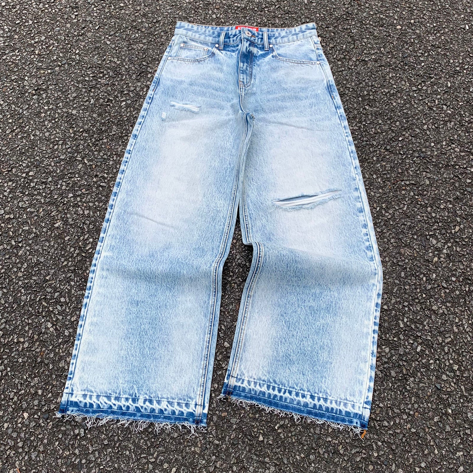 Custom Men's Blue Baggy Straight Washed Raw Hem Jeans