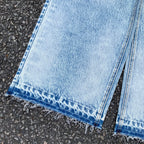 Custom Men's Blue Baggy Straight Washed Raw Hem Jeans